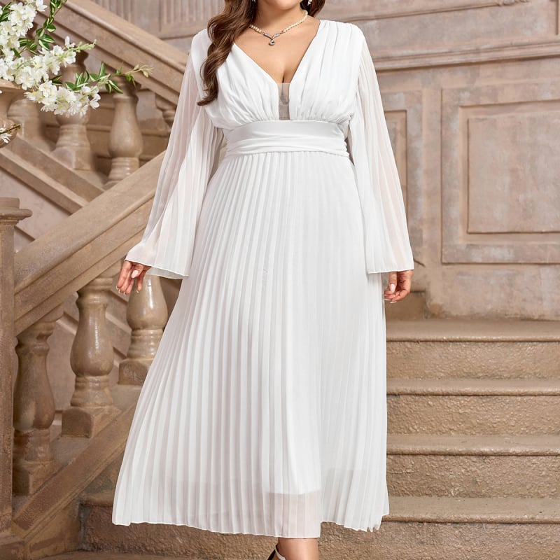 Elegantska A līnijas kleita ar V kaklu un zvanu formas piedurknēm, šifons, poliestera-elastāna maisījums, garas piedurknes, vidēja garuma, elegantais stils