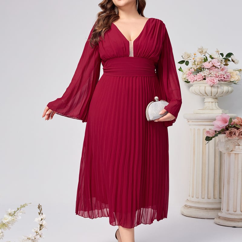 Elegantska A līnijas kleita ar V kaklu un zvanu formas piedurknēm, šifons, poliestera-elastāna maisījums, garas piedurknes, vidēja garuma, elegantais stils