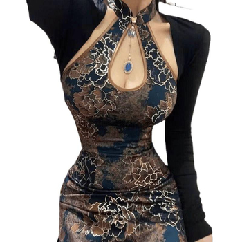 Garā kleita ķīniešu stilā, bez pleciem, ielu stils, augsta apkakle, bez piedurknēm, 90–95% poliesters.