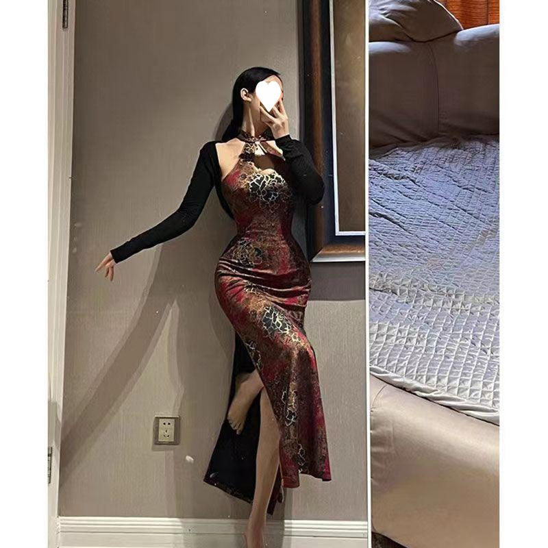 Garā kleita ķīniešu stilā, bez pleciem, ielu stils, augsta apkakle, bez piedurknēm, 90–95% poliesters.