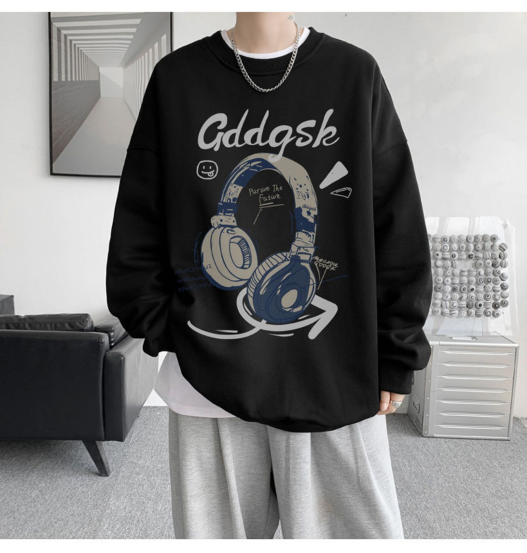 Nova mikina s okruglim vratom za proljeće i jesen, teška, opuštena silueta u američkom streetwear stilu, muška plus veličina, casual za jesen-zimu