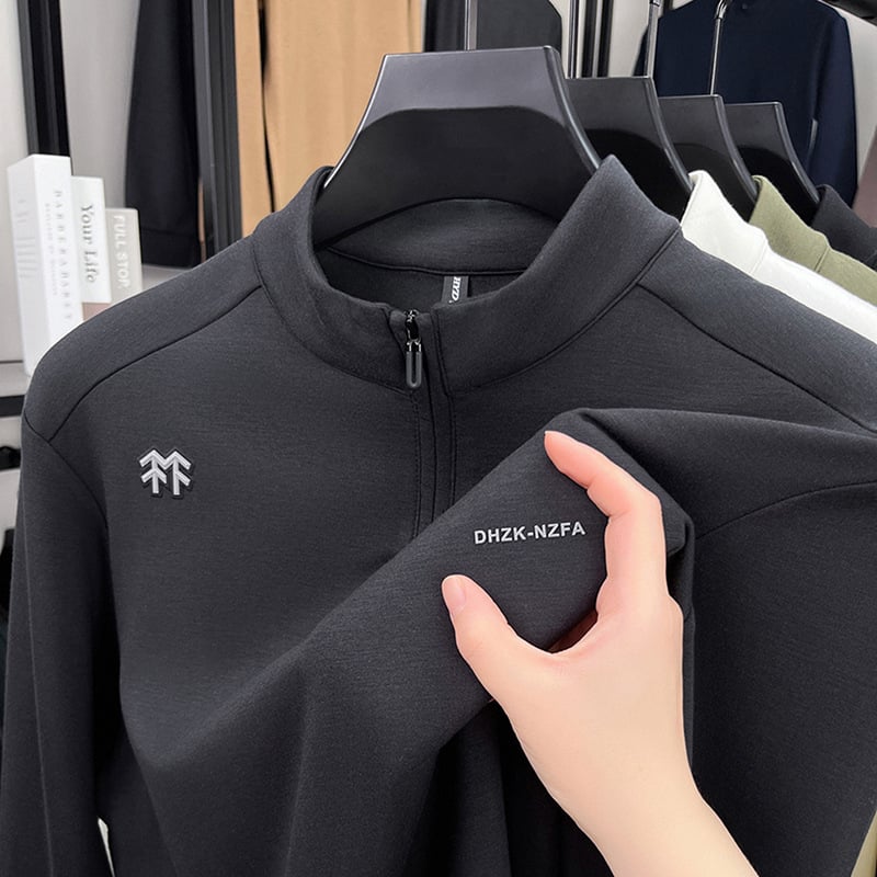 Vyrinis megztinis su stačia apykakle, ilgos rankovės, užtrauktukas, 100% poliesteris, laisvas kirpimas