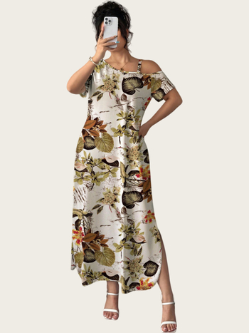 Poliesteres kleita ar leopardprintu, plecu atvērums (off-shoulder), slīps kakla līnija, īsas piedurknes, brīvs viduklis, gara kleita