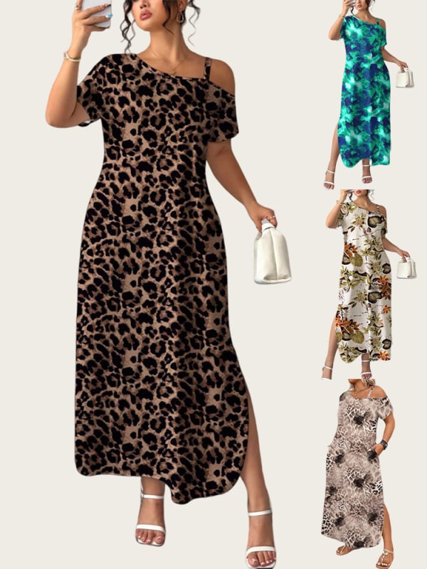 Poliesteres kleita ar leopardprintu, plecu atvērums (off-shoulder), slīps kakla līnija, īsas piedurknes, brīvs viduklis, gara kleita