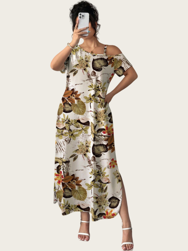 Poliesteres kleita ar leopardprintu, plecu atvērums (off-shoulder), slīps kakla līnija, īsas piedurknes, brīvs viduklis, gara kleita