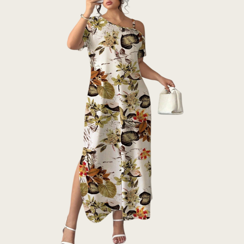 Poliesteres kleita ar leopardprintu, plecu atvērums (off-shoulder), slīps kakla līnija, īsas piedurknes, brīvs viduklis, gara kleita