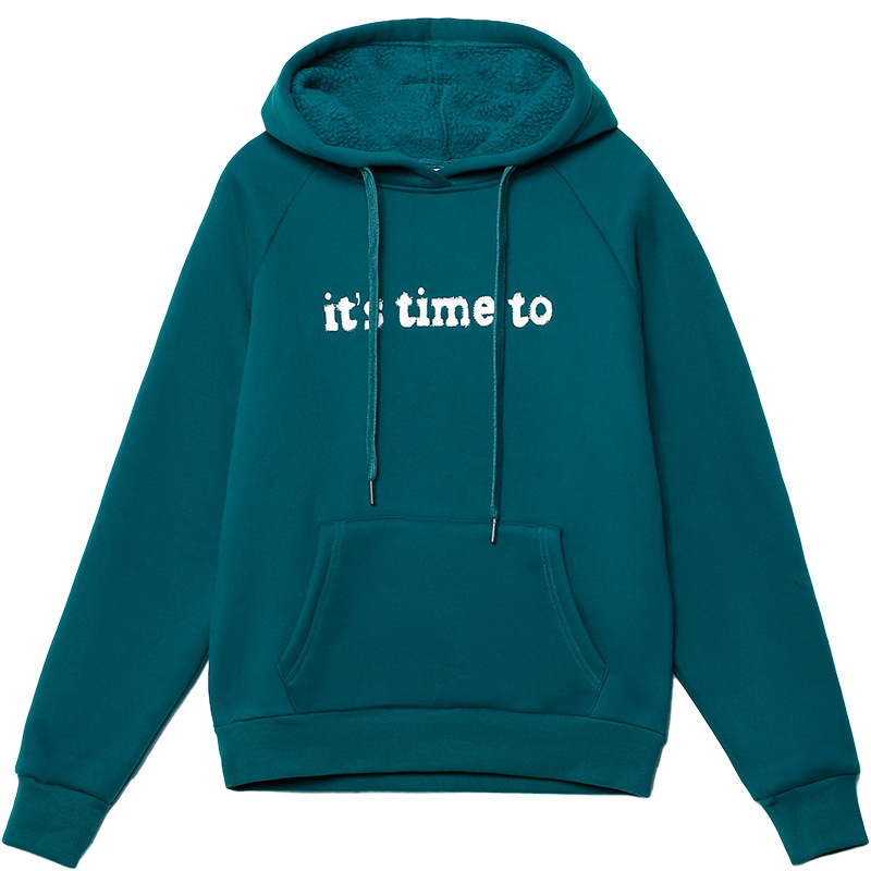 Ženski flis hoodie s kapuljom, dugi rukavi, standardna duljina, izšiveni motiv litera, Zima 2025