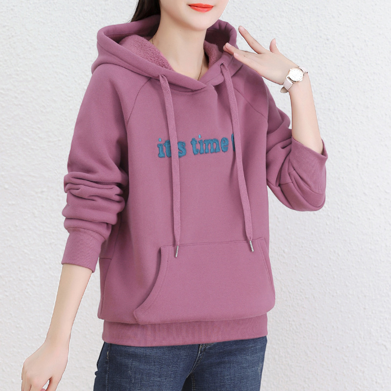 Ženski flis hoodie s kapuljom, dugi rukavi, standardna duljina, izšiveni motiv litera, Zima 2025