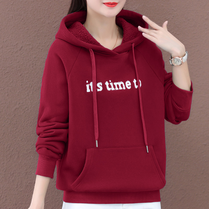 Ženski flis hoodie s kapuljom, dugi rukavi, standardna duljina, izšiveni motiv litera, Zima 2025