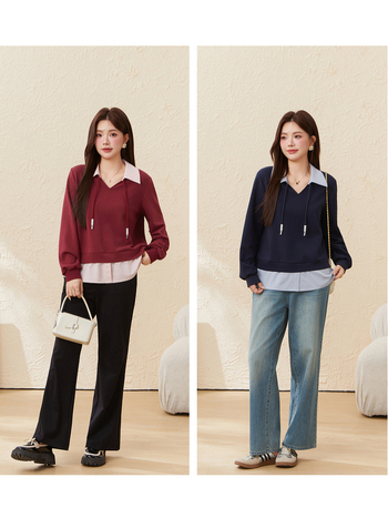 Пуловер суитшърт с V-образно деколте и илюзия за две части, смес памук и полиестер, свободна кройка