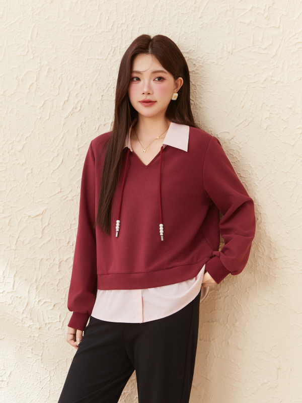 Пуловер суитшърт с V-образно деколте и илюзия за две части, смес памук и полиестер, свободна кройка