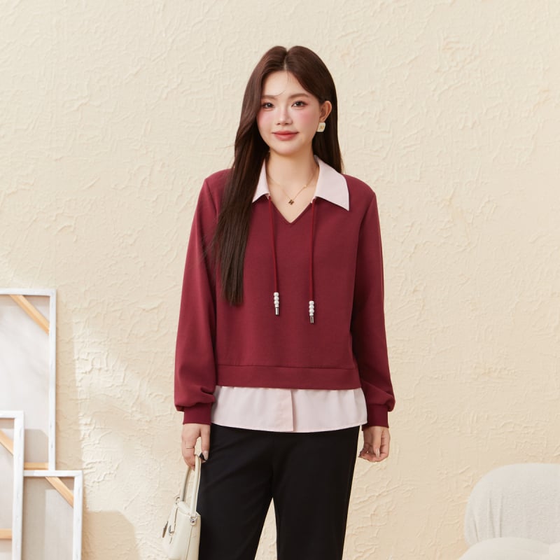 Пуловер суитшърт с V-образно деколте и илюзия за две части, смес памук и полиестер, свободна кройка