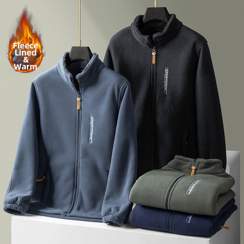 Vyrų poliar fleece striukė, laisvo kirpimo kardigano stiliaus, dviejų pusių veliūro įdaila, žieminis modelis (Medžiaga: poliar fleece; Įdaila: dvipusis veliūras; Stilius: kardigan; Kirpimas: laisvas; Gobtuvas: be gobtuvo)