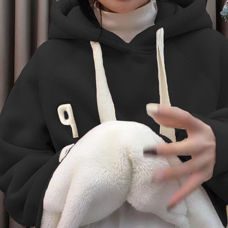 Ženski hoodie s flisom i kapuljom, slobodnog kroja, izšivene riječi, 70–80% poliester, zima 2025, korejski stil