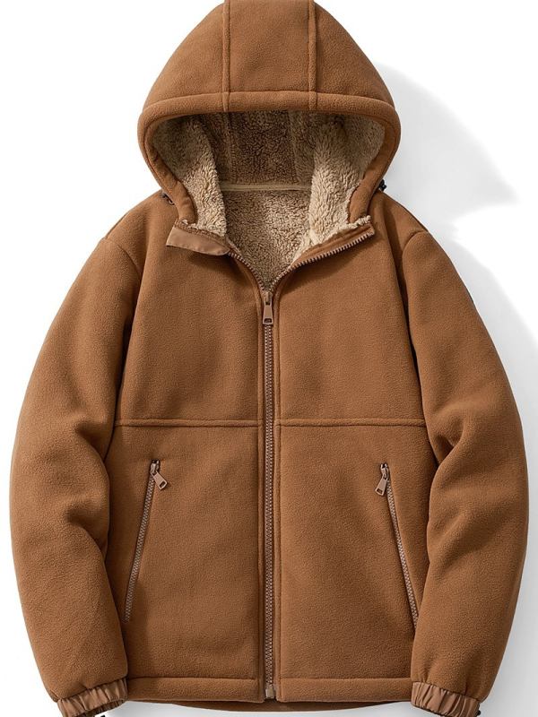 Vyrinė flisinė striukė su gobtuvu, avies vilnos pamušalas, kardigano stilius, žiemai
