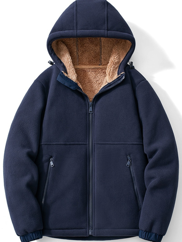 Vyrinė flisinė striukė su gobtuvu, avies vilnos pamušalas, kardigano stilius, žiemai