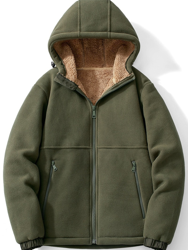 Vyrinė flisinė striukė su gobtuvu, avies vilnos pamušalas, kardigano stilius, žiemai