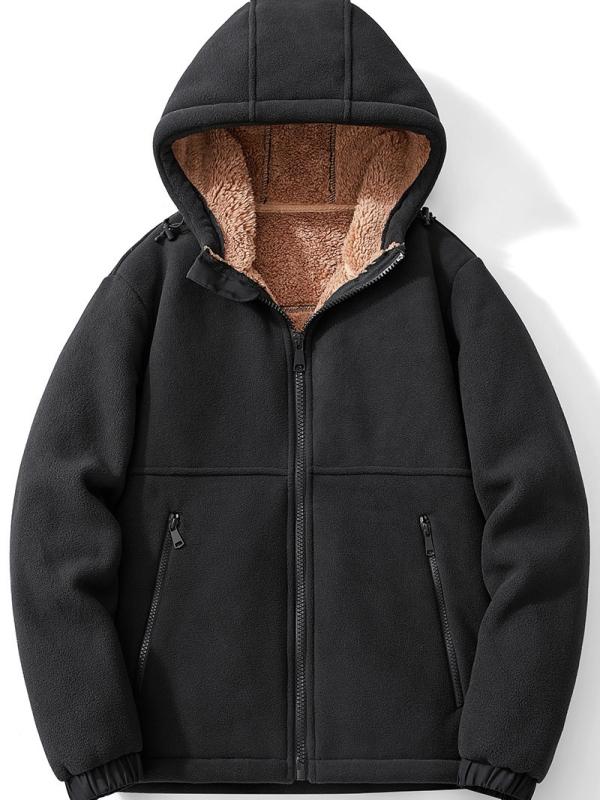 Vyrinė flisinė striukė su gobtuvu, avies vilnos pamušalas, kardigano stilius, žiemai