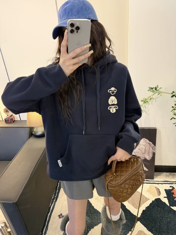 Paper Bag hoodie s flisom, karikatura izšivena, široka ležerna kroj, jesen-zima, 400 g, raglan rukavi, 8805