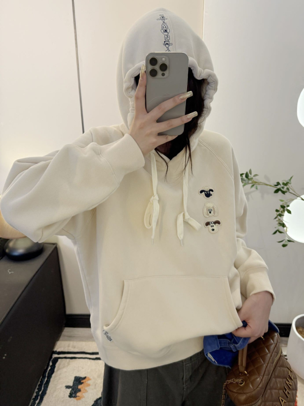 Paper Bag hoodie s flisom, karikatura izšivena, široka ležerna kroj, jesen-zima, 400 g, raglan rukavi, 8805