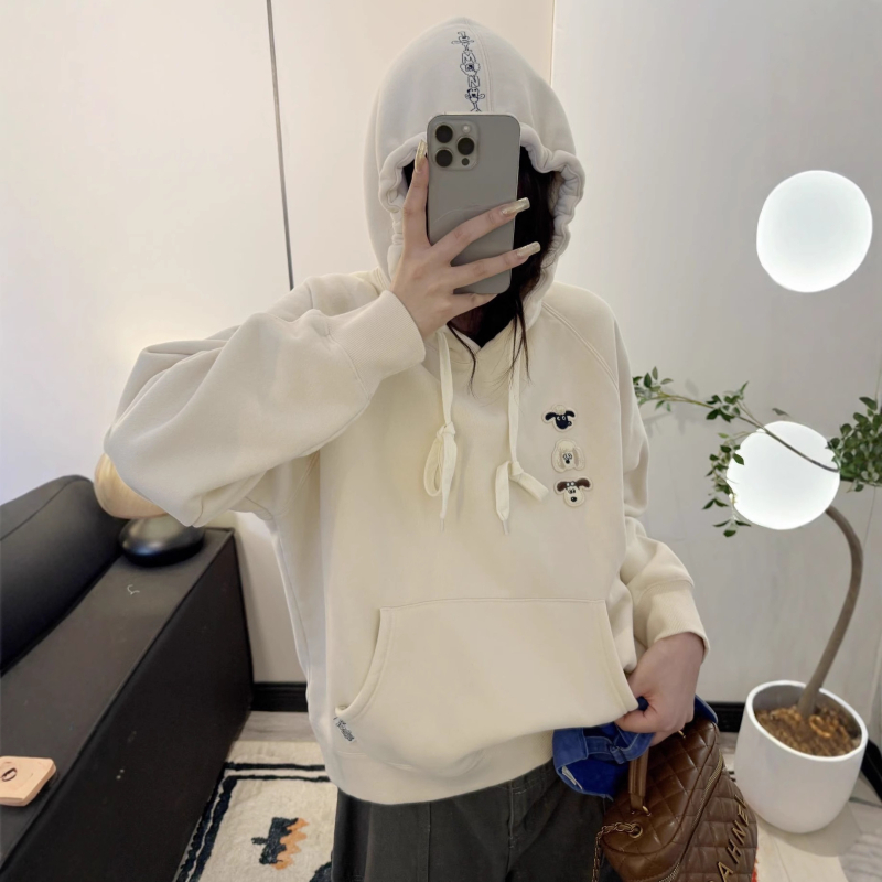 Paper Bag hoodie s flisom, karikatura izšivena, široka ležerna kroj, jesen-zima, 400 g, raglan rukavi, 8805