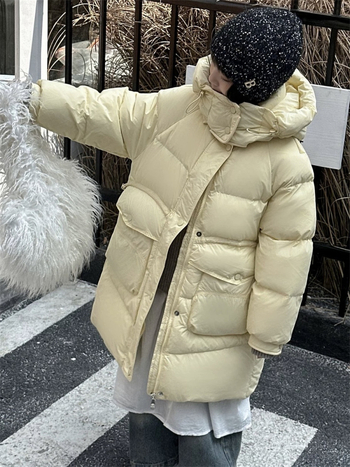 Bērnu ziemas jaka ar pūka pildījumu, vidēja garuma, ar kapuci, rāvējslēdzējs