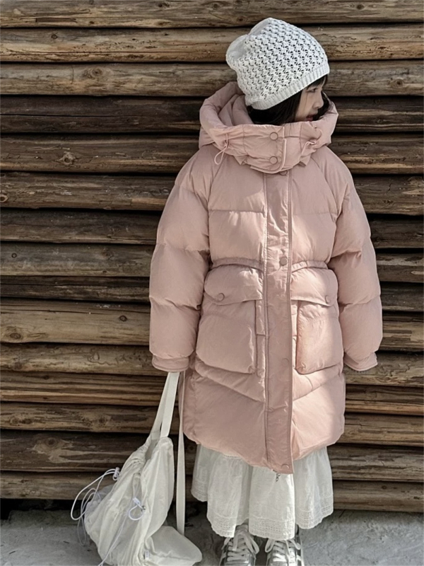 Bērnu ziemas jaka ar pūka pildījumu, vidēja garuma, ar kapuci, rāvējslēdzējs