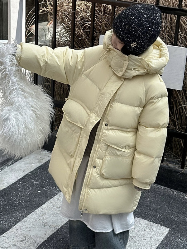 Bērnu ziemas jaka ar pūka pildījumu, vidēja garuma, ar kapuci, rāvējslēdzējs