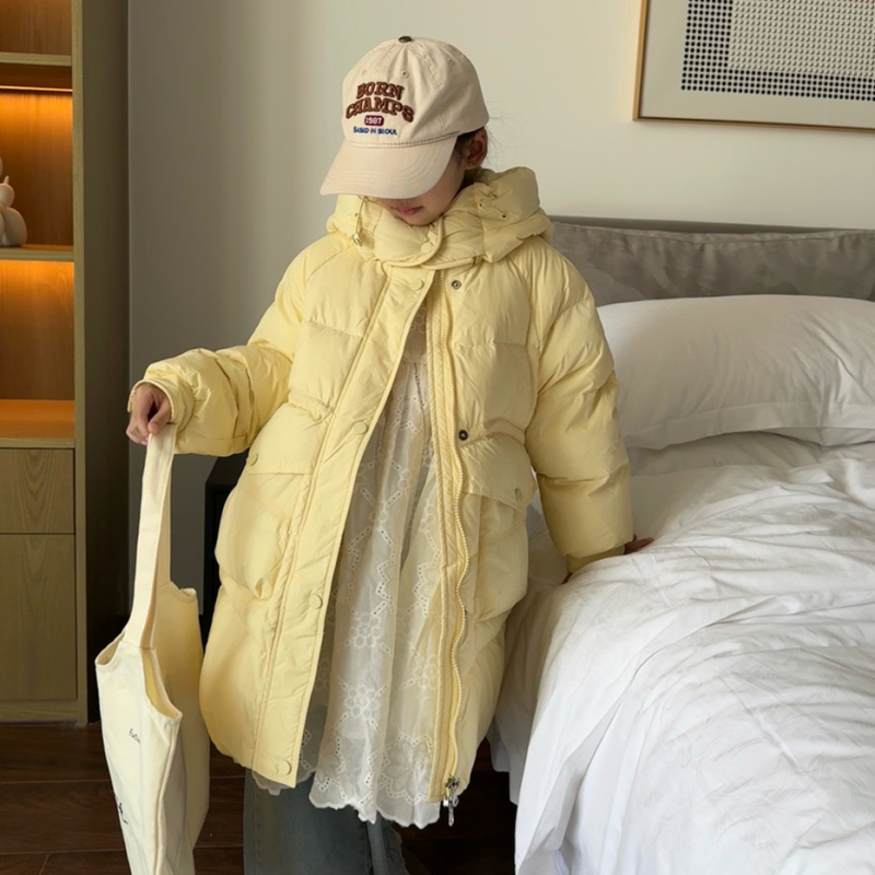 Bērnu ziemas jaka ar pūka pildījumu, vidēja garuma, ar kapuci, rāvējslēdzējs