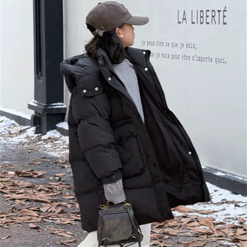 Bērnu ziemas jaka ar pūka pildījumu, vidēja garuma, ar kapuci, rāvējslēdzējs