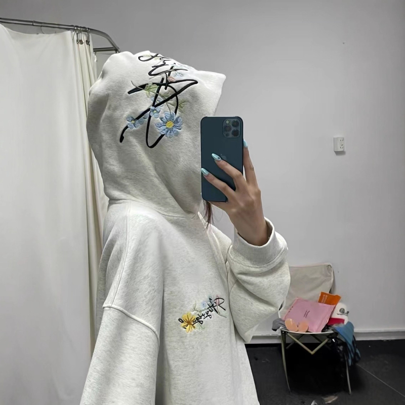Američka retro hoodica s cvjetnim vezom, kapuljačom, unisex, široka silueta, dugi rukavi, model 2025 za jesen i zimu