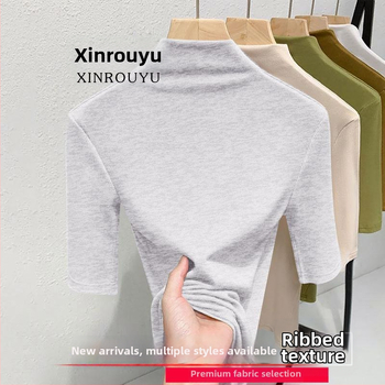 Ženski termalni top s flis podstavom, plus size, poludugi rukav, mock neck ovratnik, uski kroj, jesen-zima