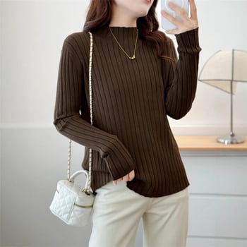 Pleten pulover s dugim rukavima i poluotvorenim ovratnikom, poliester smjesa 30–50%, jesen 2024, casual stil