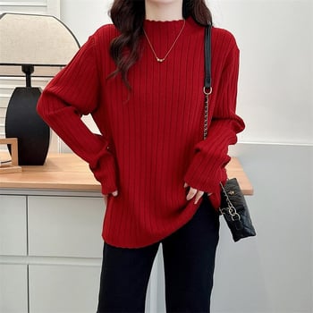 Pleten pulover s dugim rukavima i poluotvorenim ovratnikom, poliester smjesa 30–50%, jesen 2024, casual stil