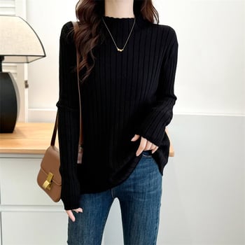 Pleten pulover s dugim rukavima i poluotvorenim ovratnikom, poliester smjesa 30–50%, jesen 2024, casual stil