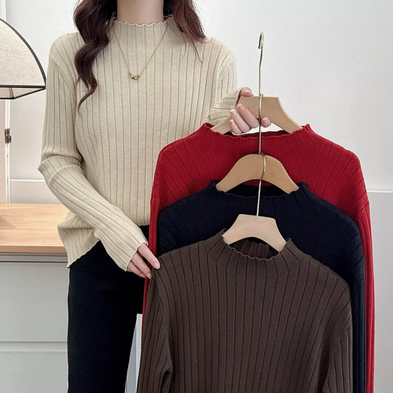 Pleten pulover s dugim rukavima i poluotvorenim ovratnikom, poliester smjesa 30–50%, jesen 2024, casual stil