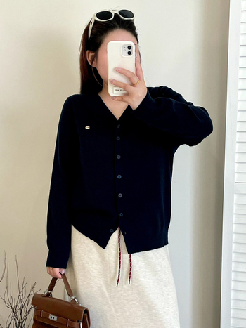 Ženski kardigan s ovratnikom, dugi rukavi, pleteni materijal od poliestera i viskoze, zima 2025