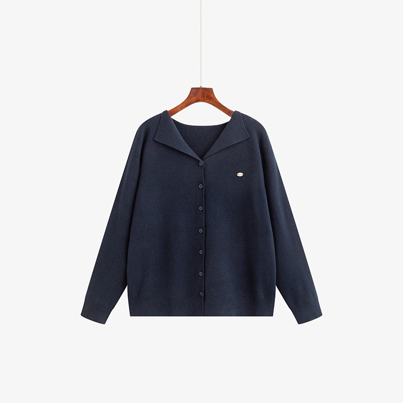 Ženski kardigan s ovratnikom, dugi rukavi, pleteni materijal od poliestera i viskoze, zima 2025