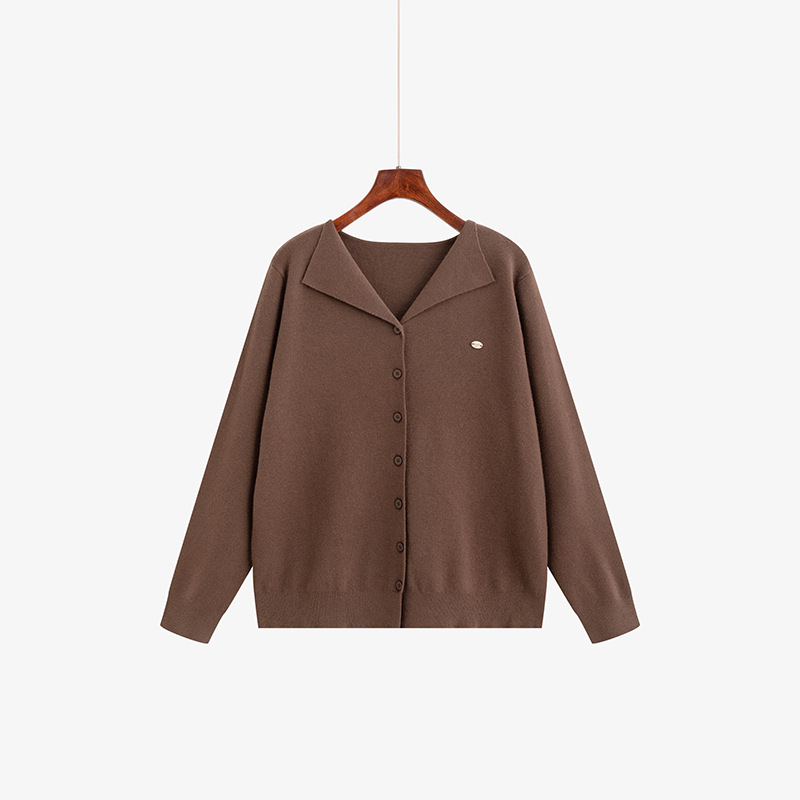 Ženski kardigan s ovratnikom, dugi rukavi, pleteni materijal od poliestera i viskoze, zima 2025