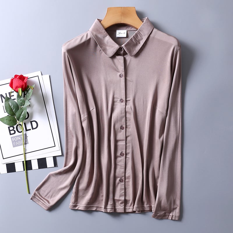 Дамска риза от Mulberry коприна, дълъг ръкав, куклена яка, тежка плетка, стил темпераментен градски стил