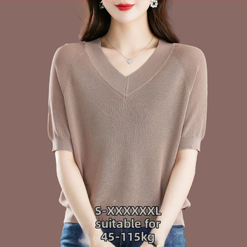 Női Ice Silk rövid ujjú póló, lazább szabás, V-nyak, 95%+ viszkóz