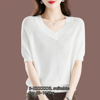 Női Ice Silk rövid ujjú póló, lazább szabás, V-nyak, 95%+ viszkóz