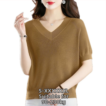 Női Ice Silk rövid ujjú póló, lazább szabás, V-nyak, 95%+ viszkóz