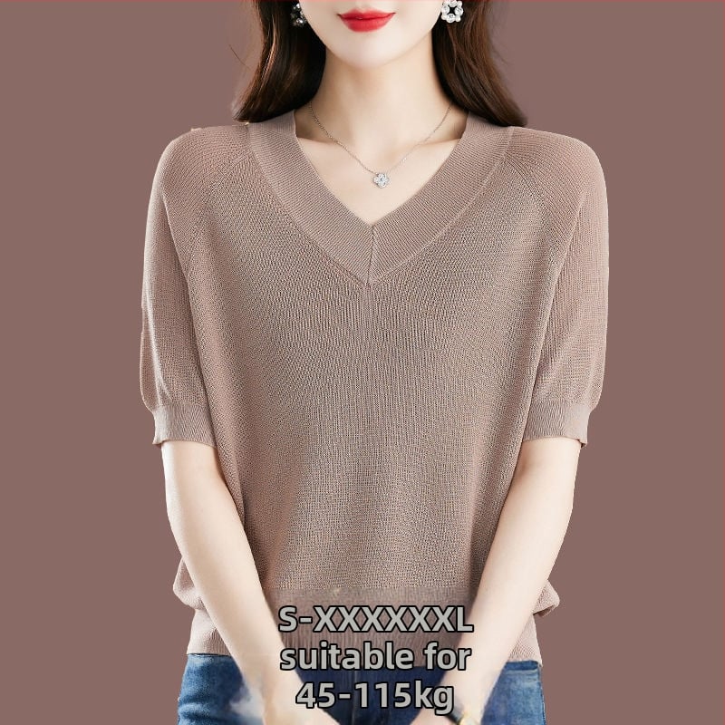 Női Ice Silk rövid ujjú póló, lazább szabás, V-nyak, 95%+ viszkóz