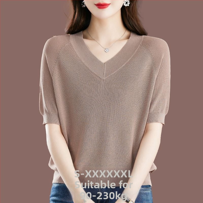 Női Ice Silk rövid ujjú póló, lazább szabás, V-nyak, 95%+ viszkóz