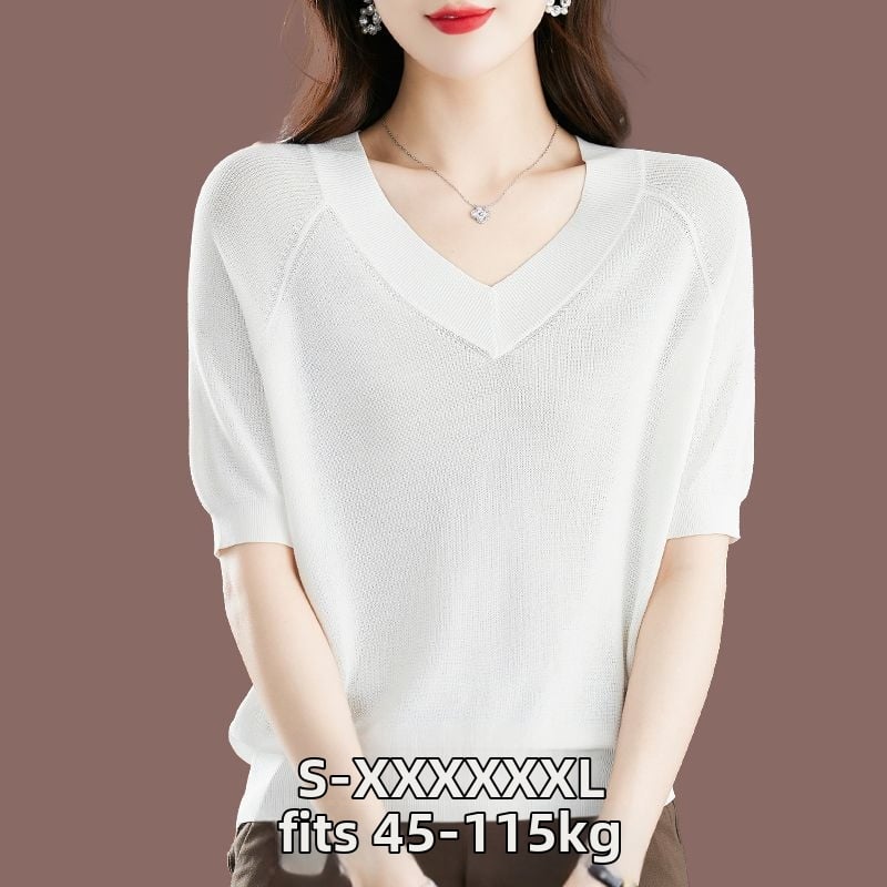 Női Ice Silk rövid ujjú póló, lazább szabás, V-nyak, 95%+ viszkóz