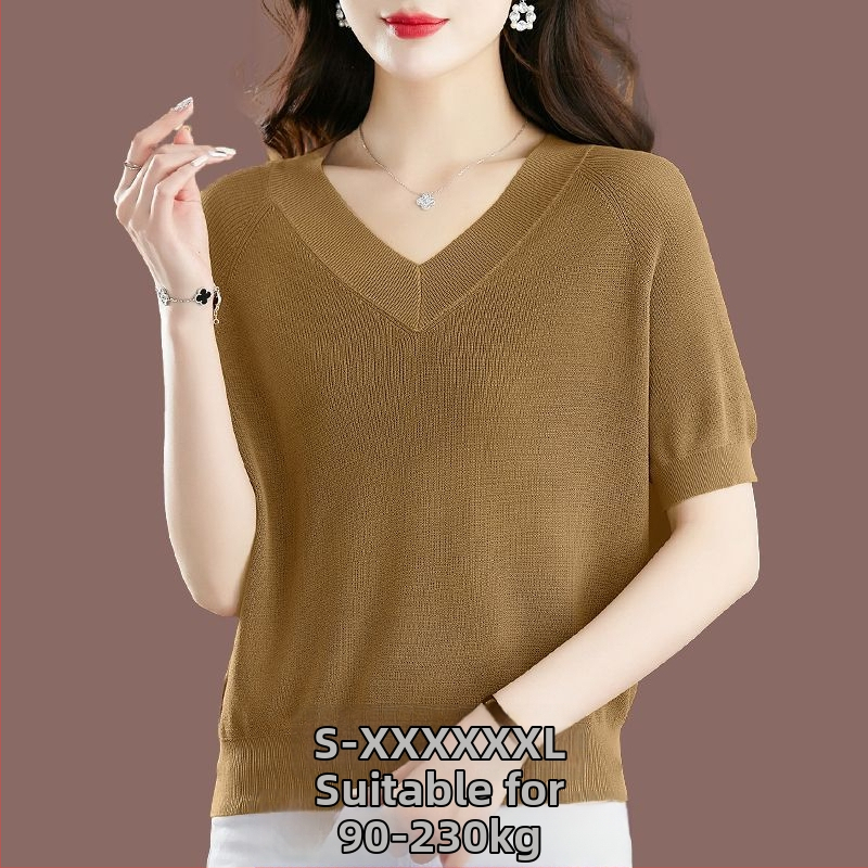 Női Ice Silk rövid ujjú póló, lazább szabás, V-nyak, 95%+ viszkóz