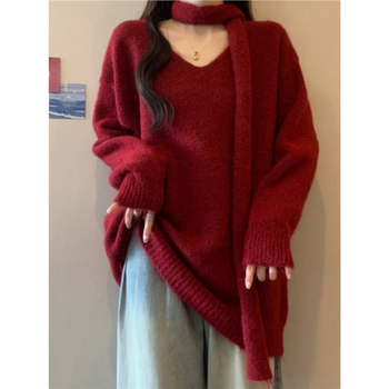 Πλεκτό πουλόβερ με χοντρή πλέξη από ακρυλικό, βισκόζη και πολυεστέρα, V-λαιμόκοψη, μακριά μανίκια, χαλαρή γραμμή, μεσαίου μήκους