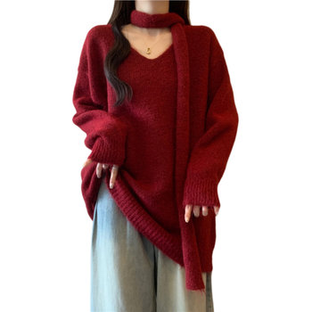 Πλεκτό πουλόβερ με χοντρή πλέξη από ακρυλικό, βισκόζη και πολυεστέρα, V-λαιμόκοψη, μακριά μανίκια, χαλαρή γραμμή, μεσαίου μήκους