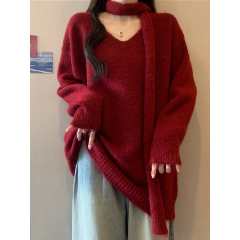 Πλεκτό πουλόβερ με χοντρή πλέξη από ακρυλικό, βισκόζη και πολυεστέρα, V-λαιμόκοψη, μακριά μανίκια, χαλαρή γραμμή, μεσαίου μήκους